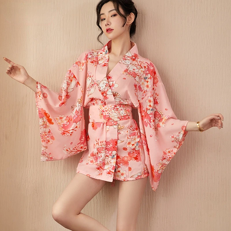 

Erotic Underwear Vintage Printed Kimono Hollowed Out Sleeves Sexy Corset Waist Passion Open Crotch Uniform Temptation Role Play