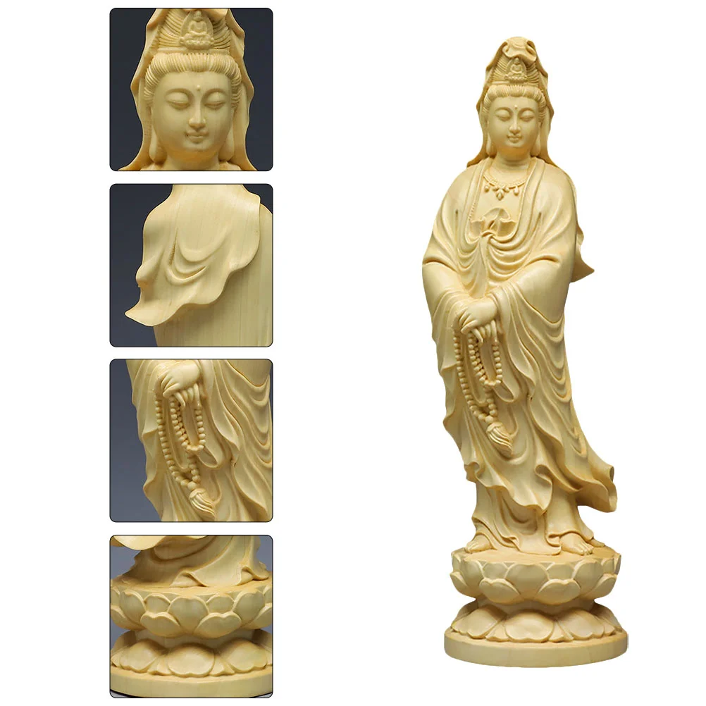 

Statue Guanyin Figurine Sculpture Goddess Quan Kuan Wooden Buddhism Decoration Mercy Kwan Shui Feng Chinese Wood Luck Fengshui