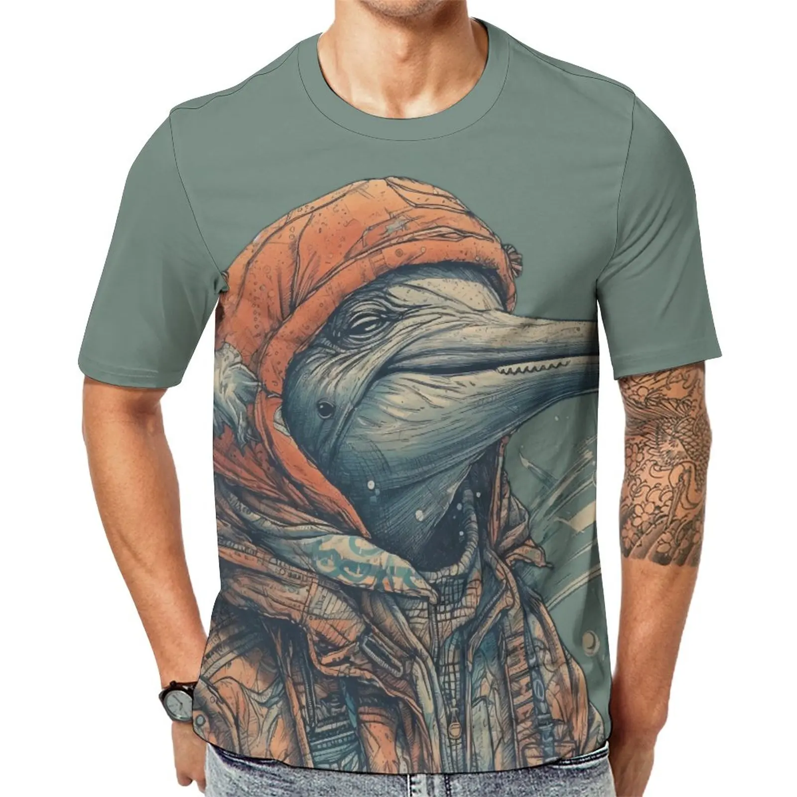 

Dolphin T Shirt Men Pop Caricatures Illustration EMO T-Shirts Premium Hip Hop Tee Shirt Short-Sleeve Printed Oversize Tops