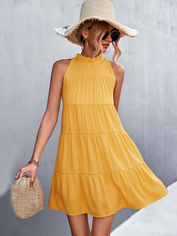 2022 Summer Short Pleated Dress Women Sleeveless Halter Dress Women A Line Ruffle Loose Dress For Women
2022 Summer Short Pleated Dress Women Sleeveless Halter Dress Women A Line Ruffle Loose Dress For Women