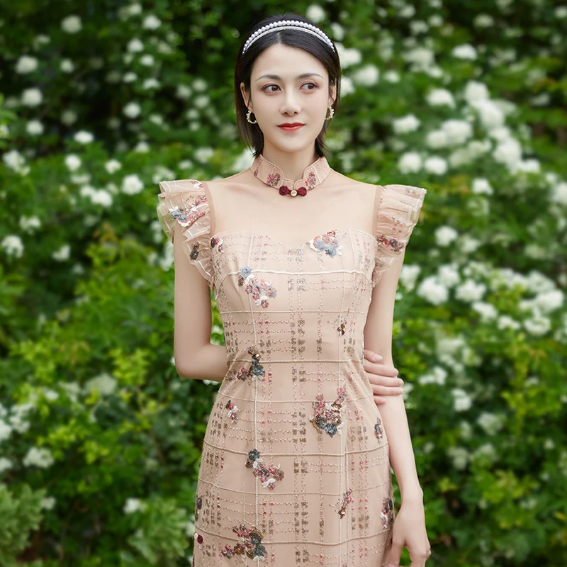

Simeizi Hanfu Improved Champagne Color Dress for Women's Clothing 2023 Summer Short Slim Cheongsam Sleeveless Qipao Female