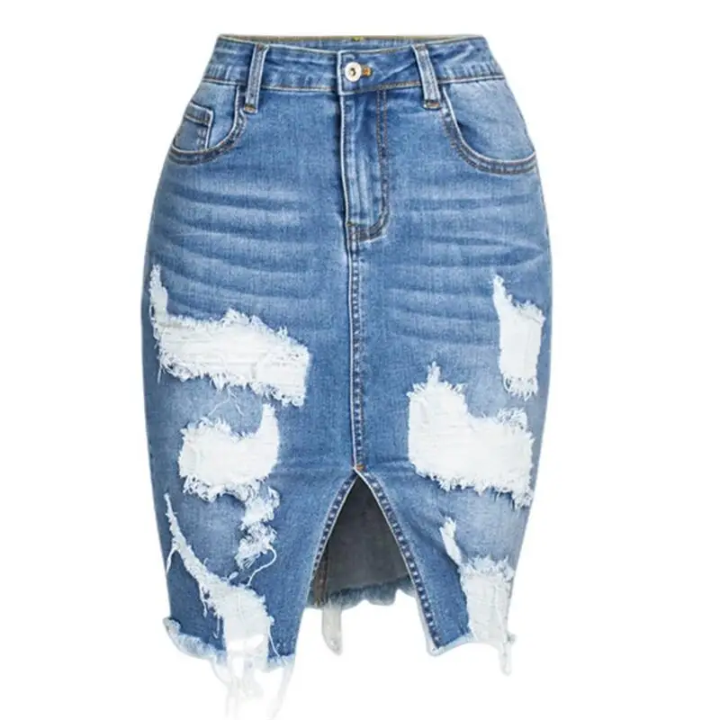 

Женская джинсовая короткая юбка, голубая хлопковая юбка с асимметричными дырками и кисточками, с высокой талией, J309, весна-лето 2022