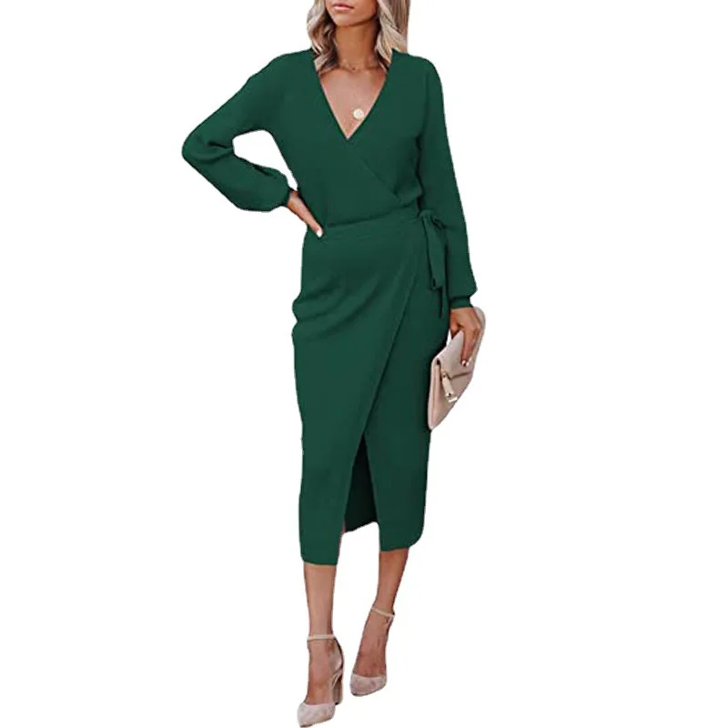 Платье женское повседневное с V-образным вырезом, однотонная Модная элегантная одежда, лидер продаж, весна-осень 
Платье женское повседневное с V-образным вырезом, однотонная Модная элегантная одежда, лидер продаж, весна-осень