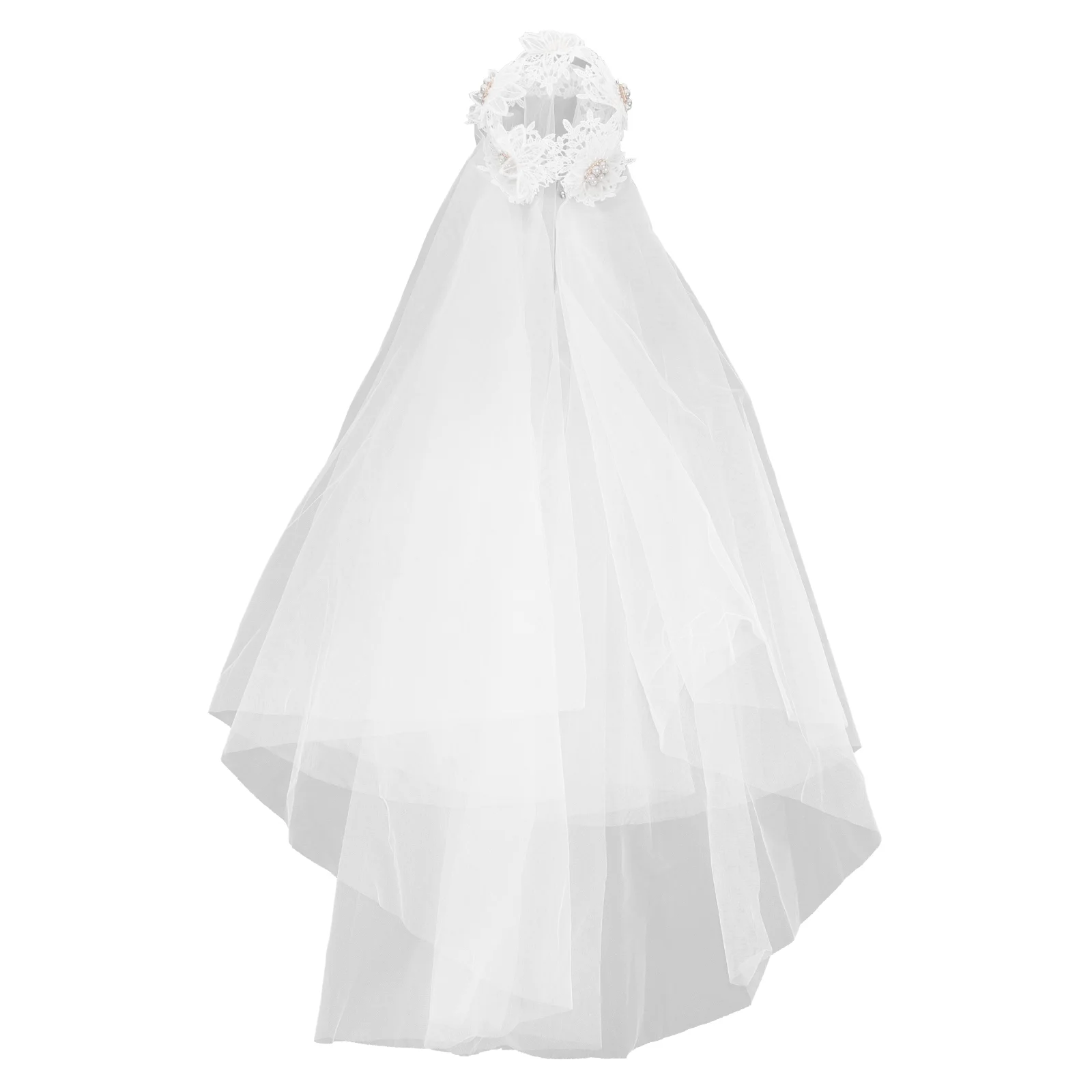 

Veil Hair Accessories Wedding Long Pearls Bride Tiara Reinforced Swiss Yarn Women Tulle White Flower Headband