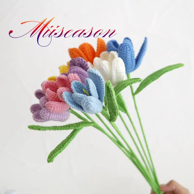 

10pcs/lot Hand-Knitted Open Tulip Bouquet Homemade Crochet Finished Knitted Flower Tulip Valentine's Mother's Teacher's Day Gift