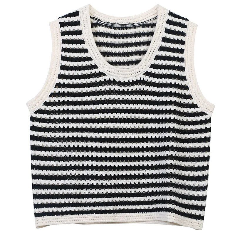 Summer new beige striped hollow design temperament casual U-neck top thin knitted pullover vest
Summer new beige striped hollow design temperament casual U-neck top thin knitted pullover vest