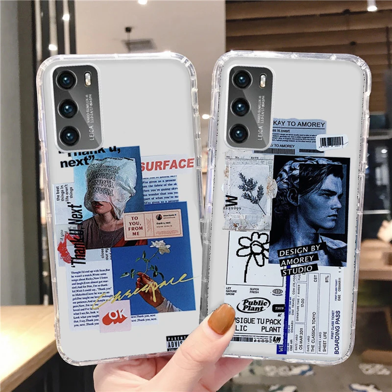 Label pattern art high quality transparent phone case for huawei honor mate p30 p20 p50 p40 50 8x 9c 8a lite pro plus
Label pattern art high quality transparent phone case for huawei honor mate p30 p20 p50 p40 50 8x 9c 8a lite pro plus