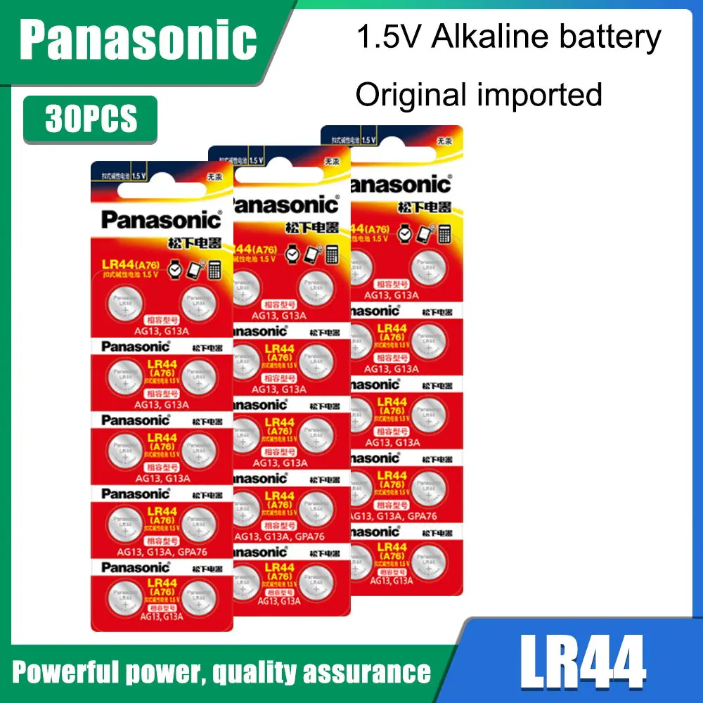 Panasonic 100% Original 30pc 1.5V Button Cell Battery lr44 Lithium Coin Batteries A76 AG13 G13A LR44 LR1154 357A SR44
Panasonic 100% Original 30pc 1.5V Button Cell Battery lr44 Lithium Coin Batteries A76 AG13 G13A LR44 LR1154 357A SR44