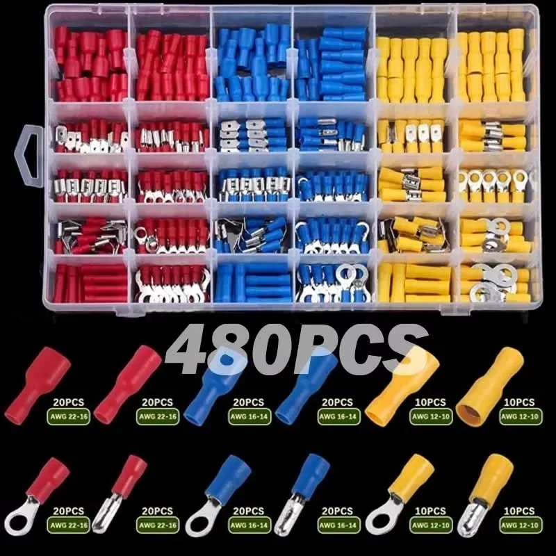 480Pcs Assorted Insulated Electrical Wire Crimp Terminals Connectors Wire Butt Spade Ring Fork Crimping Connectors Set
480Pcs Assorted Insulated Electrical Wire Crimp Terminals Connectors Wire Butt Spade Ring Fork Crimping Connectors Set