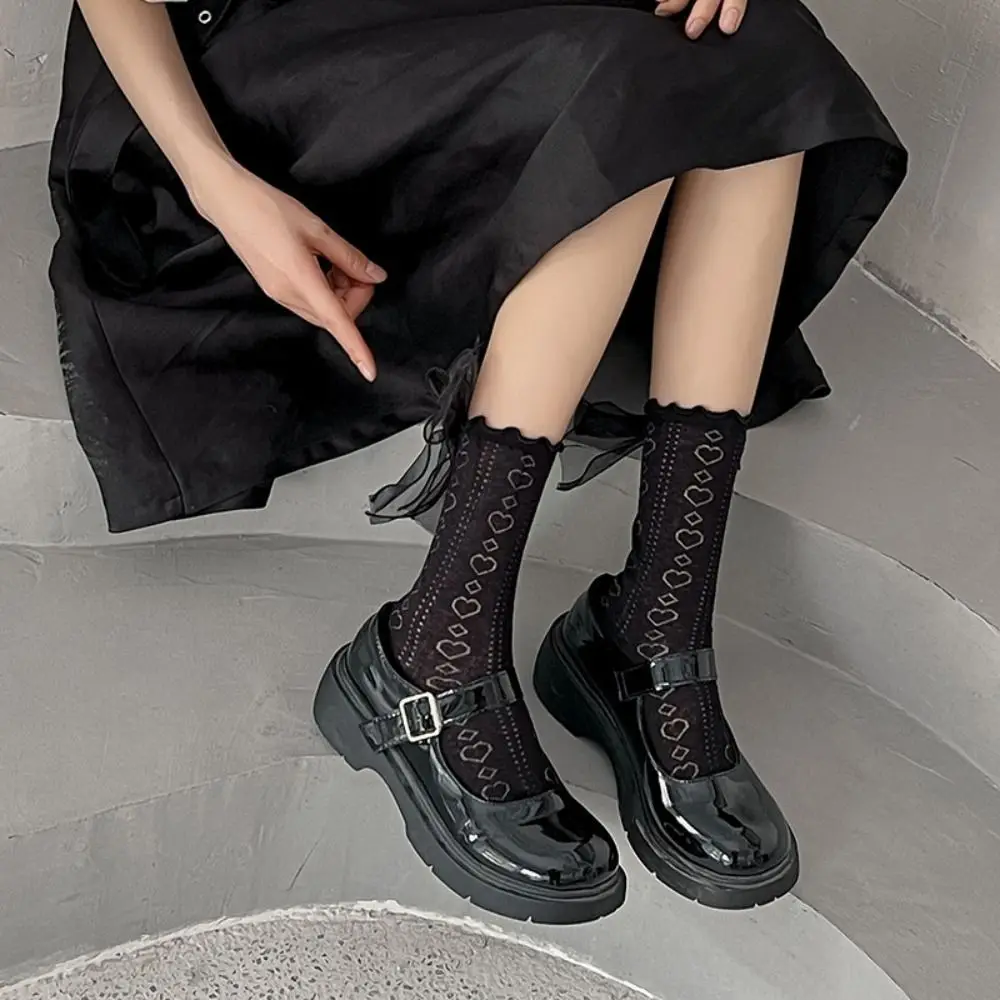 

Носки JK Lolita, женские милые носки в японском стиле для девушек, милые летние тонкие однотонные женские носки с бантом и оборками, черного и белого цвета