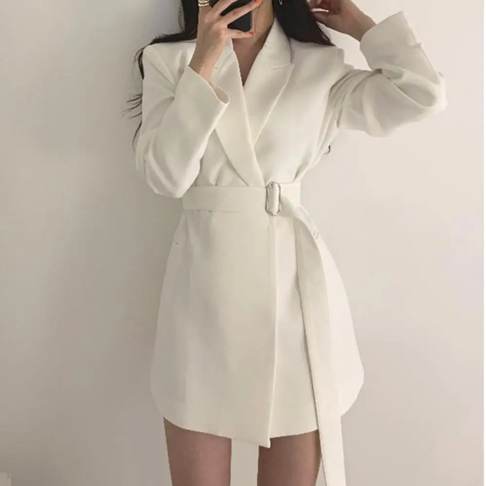 

Women Solid Color Jacket Long Sleeve Suit Slim Blazer for Office Autumn Casual Belted Dress Belted Business Meeting