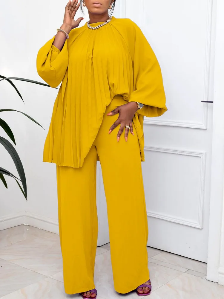 Однотонный комплект из двух предметов, женская одежда для отдыха, плиссированный топ с длинным рукавом + прямые брюки, подходящие ко Дню встречи выпускников, верхняя одежда 
Однотонный комплект из двух предметов, женская одежда для отдыха, плиссированный топ с длинным рукавом + прямые брюки, подходящие ко Дню встречи выпускников, верхняя одежда