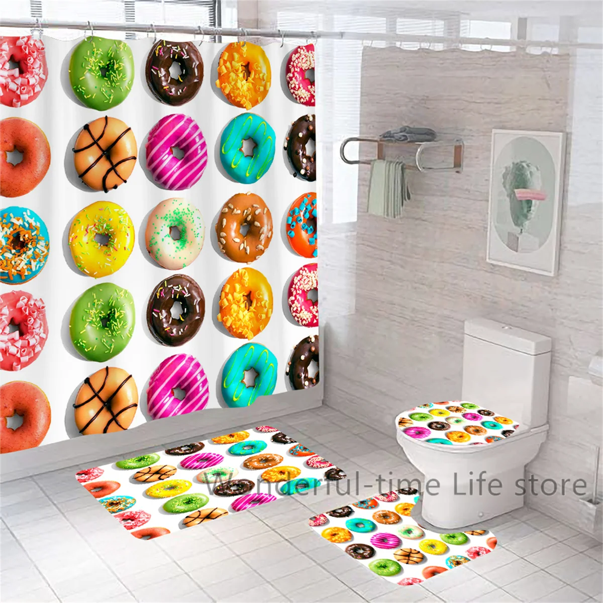 

Водонепроницаемая занавеска для душа в виде пончика с 12 крючками, занавеска в ванную комнату с фруктами мандарина, цветные полосы, тканевая занавеска для ванной, домашний декор