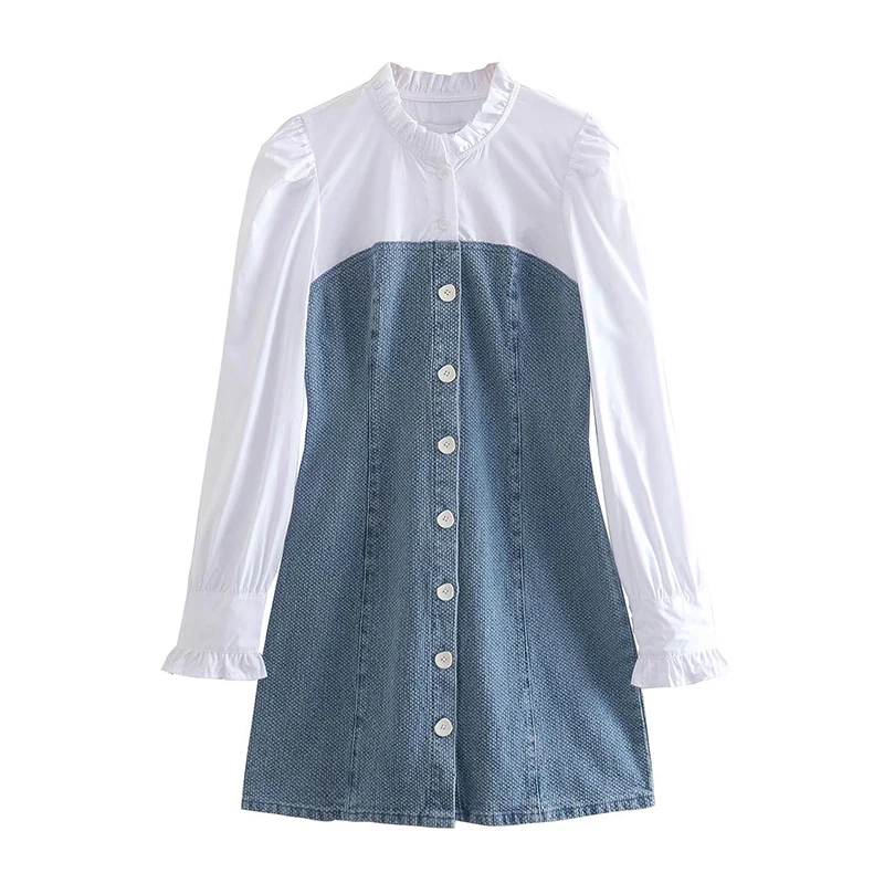 Denim Patchwork Women Long Sleeve Dress Edible Tree Fungus Ladies Single Breasted Dresses Spring Autumn Casual Dress for Female
Denim Patchwork Women Long Sleeve Dress Edible Tree Fungus Ladies Single Breasted Dresses Spring Autumn Casual Dress for Female
