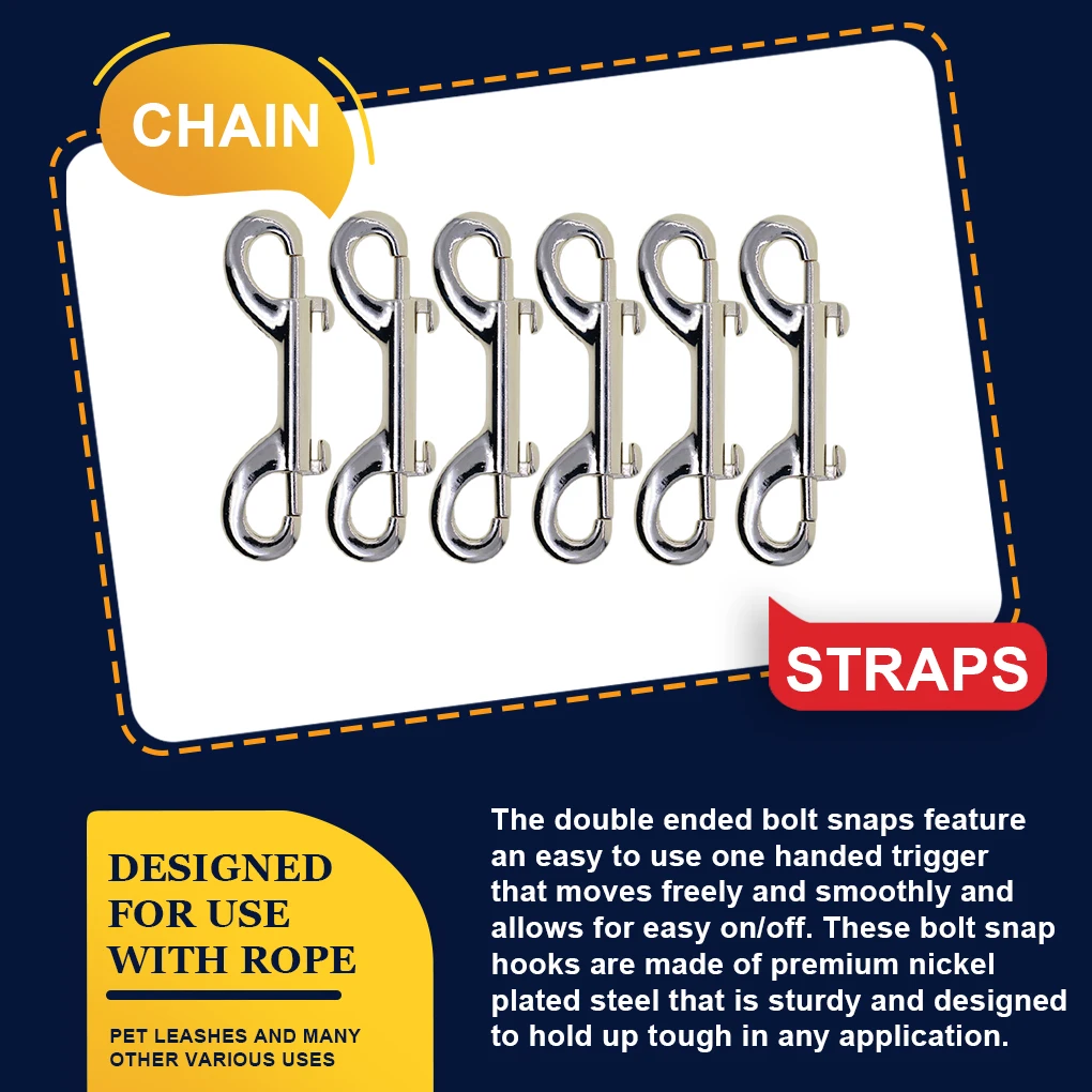 6 Pieces Steel Bolt Snaps Portable Reusable Heavy Duty Double Heads Clasp Hook Indoor Outdoor Pet Leash Clips
6 Pieces Steel Bolt Snaps Portable Reusable Heavy Duty Double Heads Clasp Hook Indoor Outdoor Pet Leash Clips