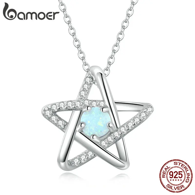 

Bamoer Authentic 925 Sterling Silver Opal Star Pendant Necklace Silver Lock Chain Necklace for Women Fine Jewelry Wedding Gift