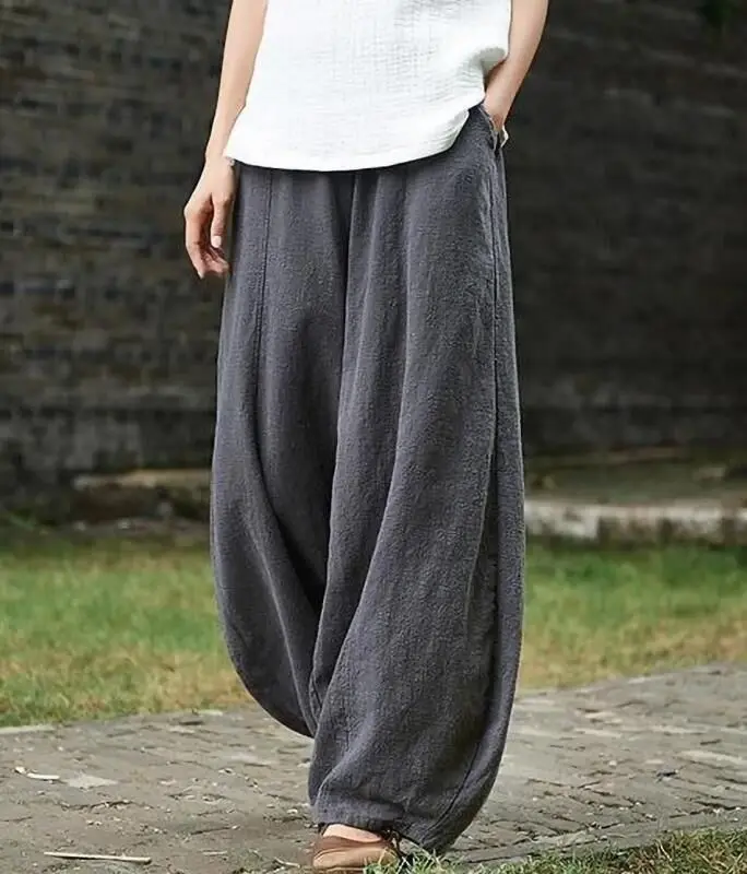 

Элегантные эластичные льняные женские брюки длиной 5XL с широкими штанинами, винтажные модные однотонные брюки-шаровары с поясом, Длинные хлопковые брюки