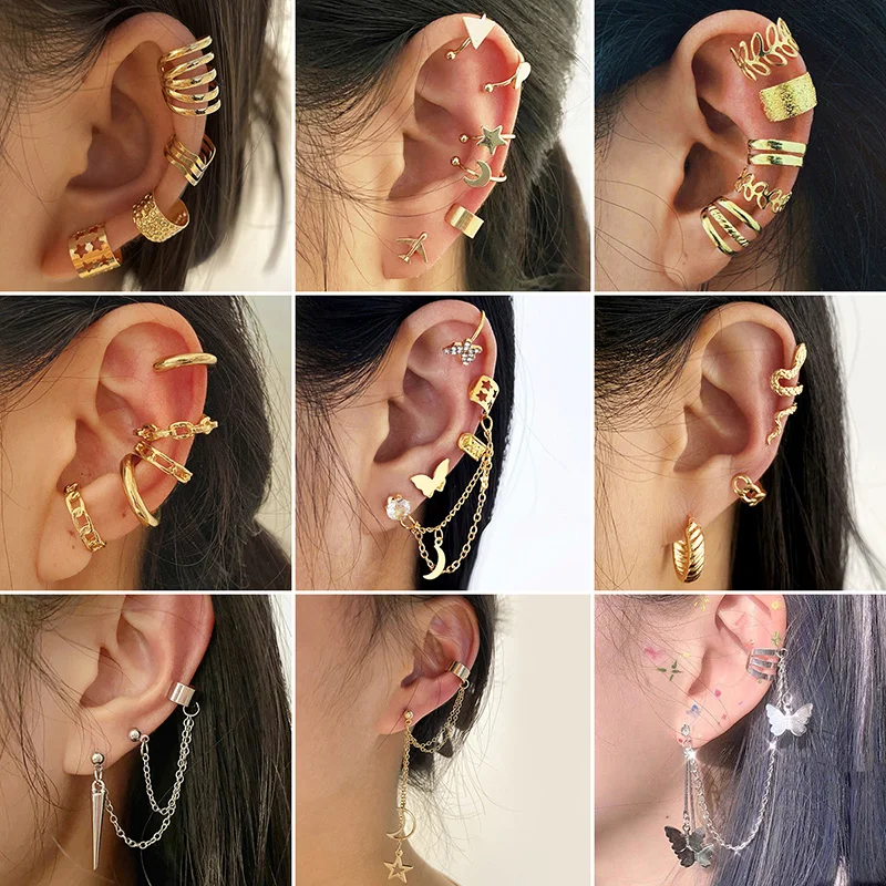 Simple C Fake Piercings Ear Cuffs Set for Women Men Butterfly Star Leaf Non-Piercing Clip Earrings Clip on Ear Fashion Jewelry
Simple C Fake Piercings Ear Cuffs Set for Women Men Butterfly Star Leaf Non-Piercing Clip Earrings Clip on Ear Fashion Jewelry