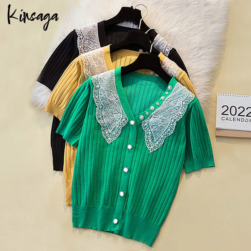 Fashion Chic Point Peter Pan Collar Lace Patchwork Women Knit Cardigans Summer Korean Pearls Button Short Sleeve Ice Silk Tops
Fashion Chic Point Peter Pan Collar Lace Patchwork Women Knit Cardigans Summer Korean Pearls Button Short Sleeve Ice Silk Tops