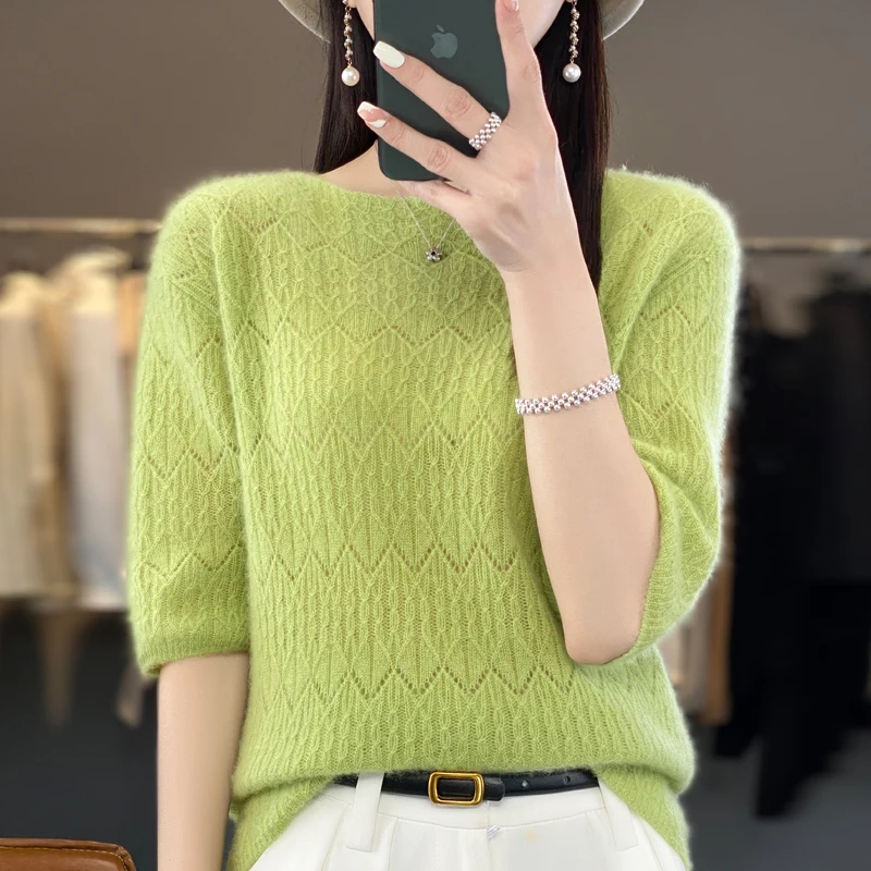 100% Beautiful Nuo Wool Women's Hollow Sweater T-shirt Fashion Knitted O-Neck Women's Pullover Sweater Hot Selling Thin Style
100% Beautiful Nuo Wool Women's Hollow Sweater T-shirt Fashion Knitted O-Neck Women's Pullover Sweater Hot Selling Thin Style