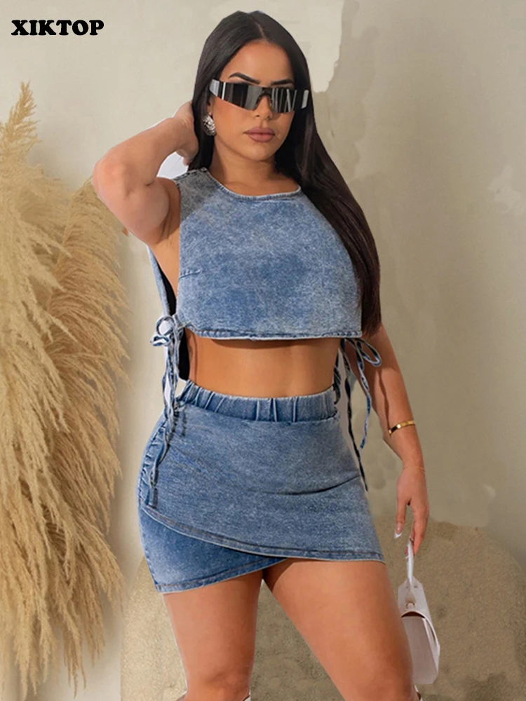 XIKTOP Denim Irregular Skirt Set Women 2 Pieces 2023 Sexy Lace-up Sleeveless Cropped Jacket+Slim Skirt Outfits Casual Streetwear
XIKTOP Denim Irregular Skirt Set Women 2 Pieces 2023 Sexy Lace-up Sleeveless Cropped Jacket+Slim Skirt Outfits Casual Streetwear