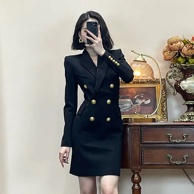 Black Blazer Dress Jacket Women Vintage Black Patchwork Zipper Notched Long Sleeve Gathered Waist Korean Slim Mini Dresses 2022
Black Blazer Dress Jacket Women Vintage Black Patchwork Zipper Notched Long Sleeve Gathered Waist Korean Slim Mini Dresses 2022