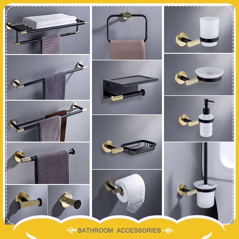 Brushed Gold+ Black Stainless Steel Bathroom Hardware Set Towel Rack Coat Hook Towel Bar Toilet Paper Holder Accessories
Brushed Gold+ Black Stainless Steel Bathroom Hardware Set Towel Rack Coat Hook Towel Bar Toilet Paper Holder Accessories