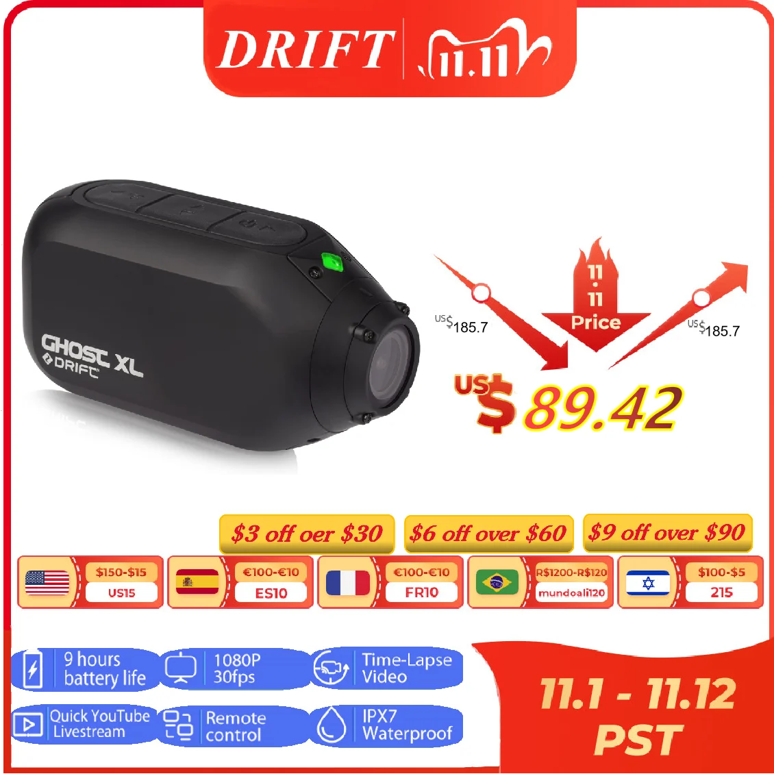 Спортивная Экшн-камера Drift Ghost XL Full HD видео 1080P WiFi камера для IPX7 Водонепроницаемая мотоциклетная велосипедная камера на шлем
Спортивная Экшн-камера Drift Ghost XL Full HD видео 1080P WiFi камера для IPX7 Водонепроницаемая мотоциклетная велосипедная камера на шлем
