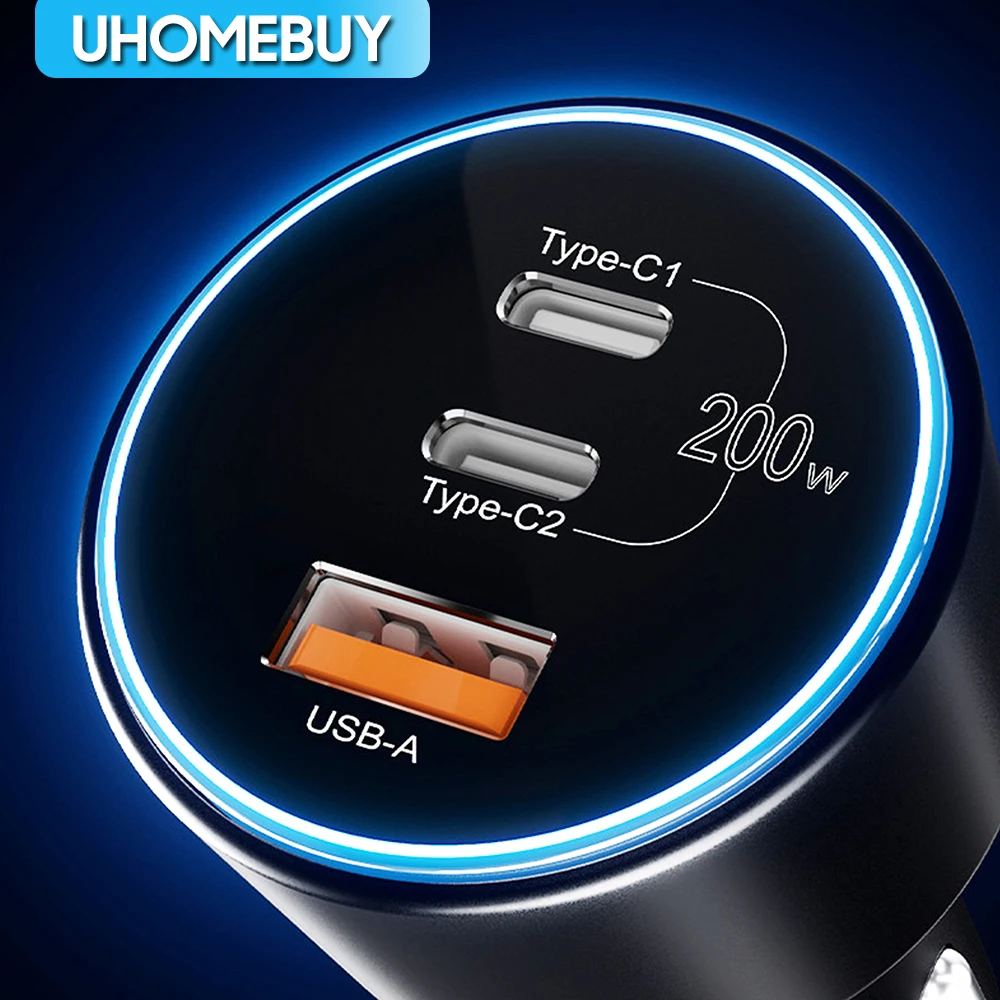UHOMEBUY Автомобильное зарядное устройство USB C мощностью 200 Вт с протоколами быстрой