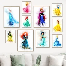 Watercolor Disney Cartoon Princess Print Wall Art Elsa Belle Poster and Prints Canvas Painting for Kids Room Decor No Frame