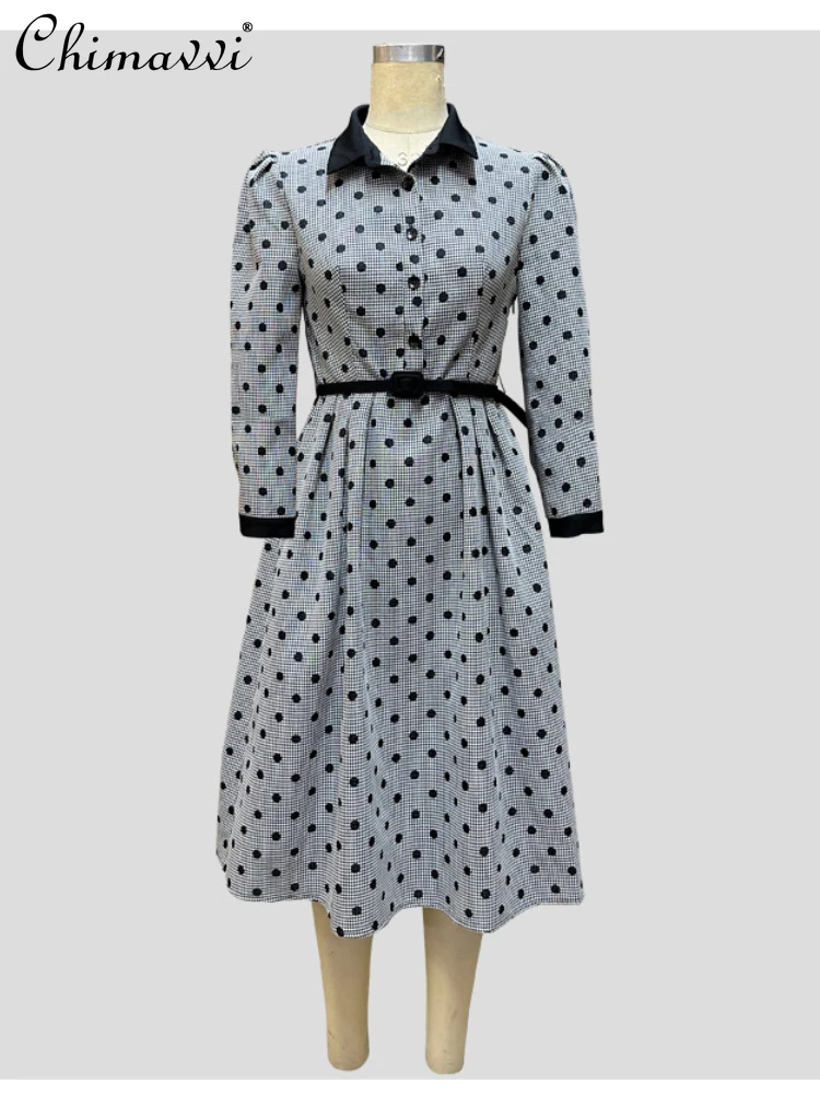 French Fashion Polka Dot High Waist Polo Collar Slimming Women's Dress 2023 Autumn Mid-Length Sleeve Stitching A- Line Dress
French Fashion Polka Dot High Waist Polo Collar Slimming Women's Dress 2023 Autumn Mid-Length Sleeve Stitching A- Line Dress