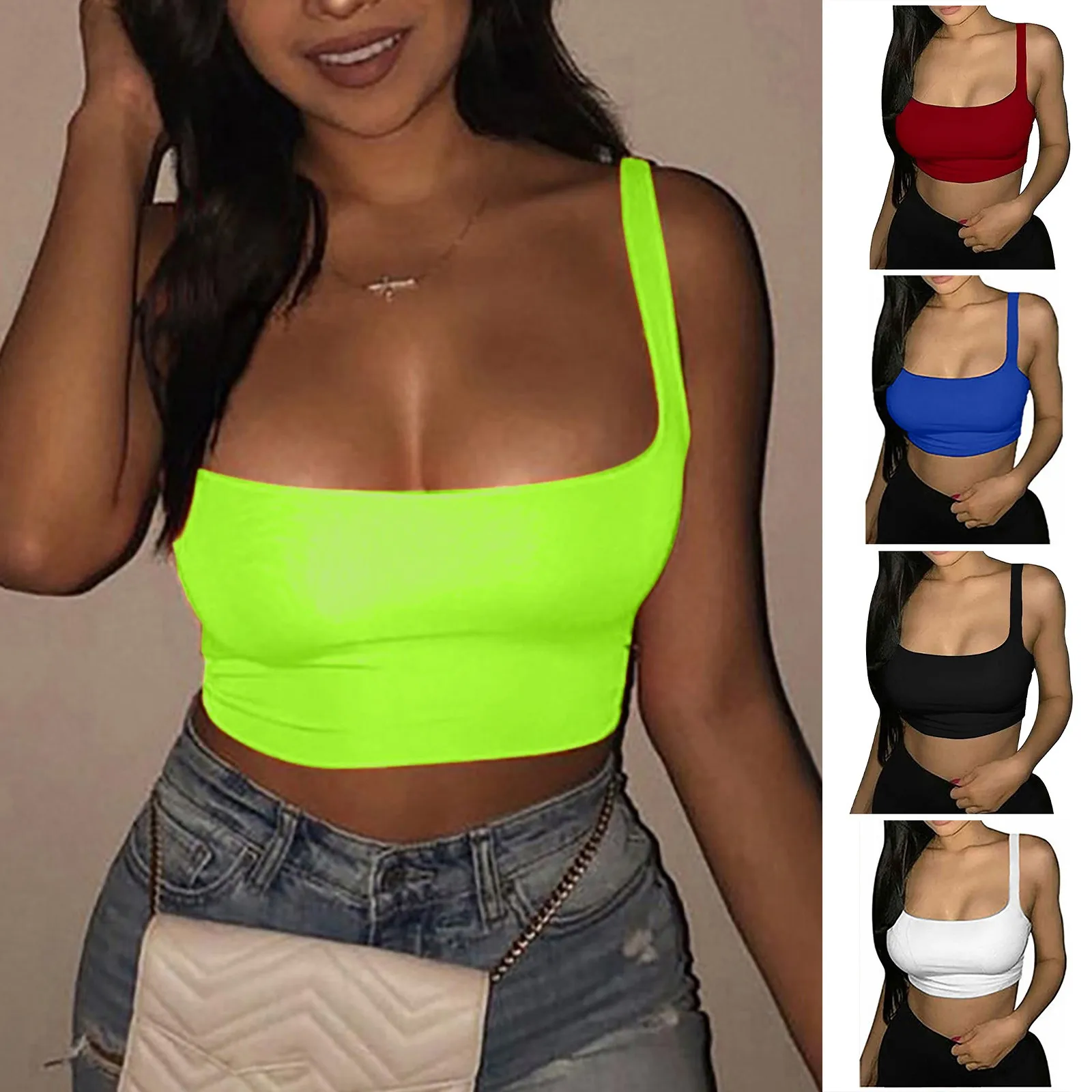 

Women Sexy Neon Vest Solid Camis Summer Camisole Tops For Slim Crop Top Streetwear Clubwear Basic Sleeveless Tee Short Tank Tops