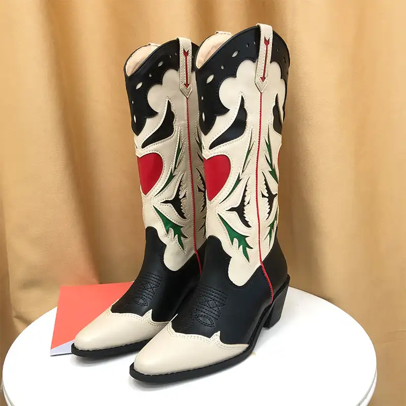 

Women Fashion Middle Boots Colorblock PU Round Toe Middle Heel Embroidered Embossed Classic Street Outdoor Daily Women Shoes