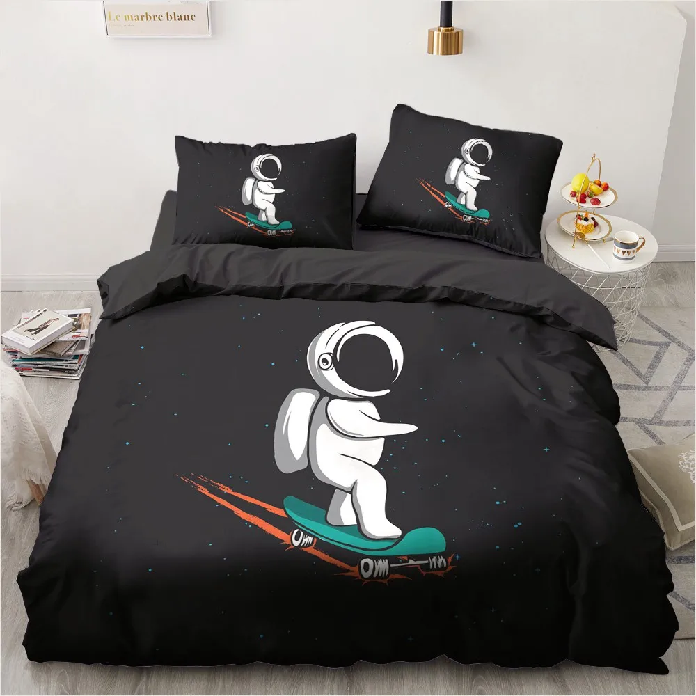 

3D Cartoon Skating Astronaut Bedding Set Black Duvet/Comforter Covers Twin King Queen Size 200x200cm Double Bed Linen for Child