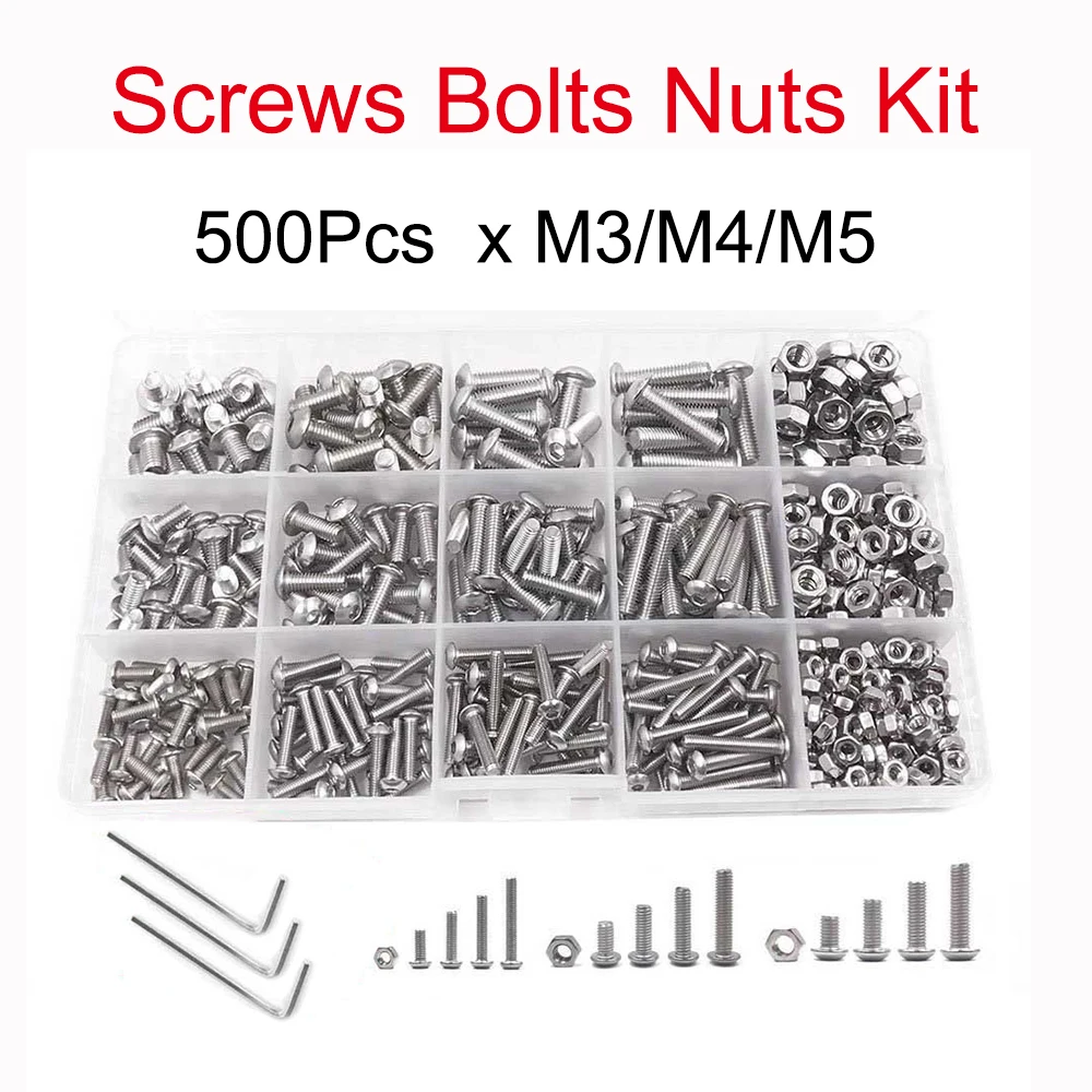 

500pcs Stainless Steel Screws Bolts Nuts Kit w Wrench+Box Round Head Hexagon Socket Screw M3 M4 M5 Fastener Hardware Accessories