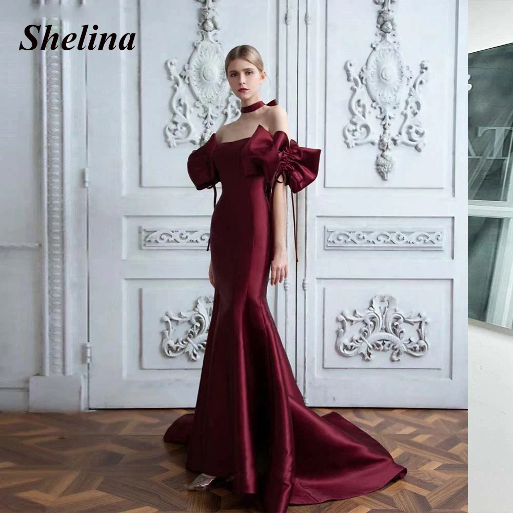 

Shelina Simple Strapless Trumpet Prom Evening Dresses Off The Shoulder Bow Lace-up Court Train Robes De Soirée Customer Made