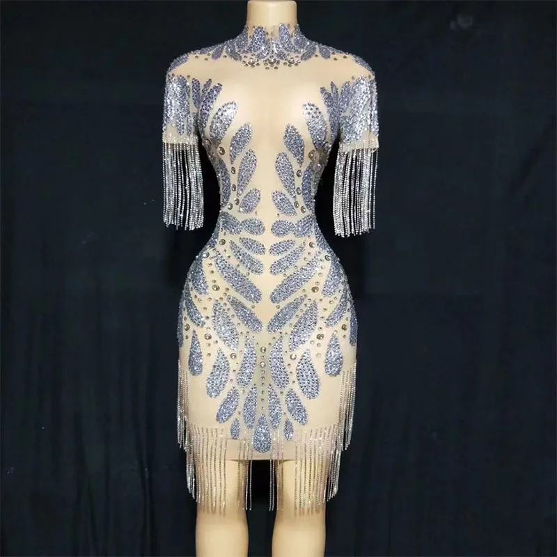 Sexy Stage Shining Silver Rhinestones Transparent Fringes Sleeves Mesh Dress Evening Outfit Birthday Celebrate Stretch Costume
Sexy Stage Shining Silver Rhinestones Transparent Fringes Sleeves Mesh Dress Evening Outfit Birthday Celebrate Stretch Costume