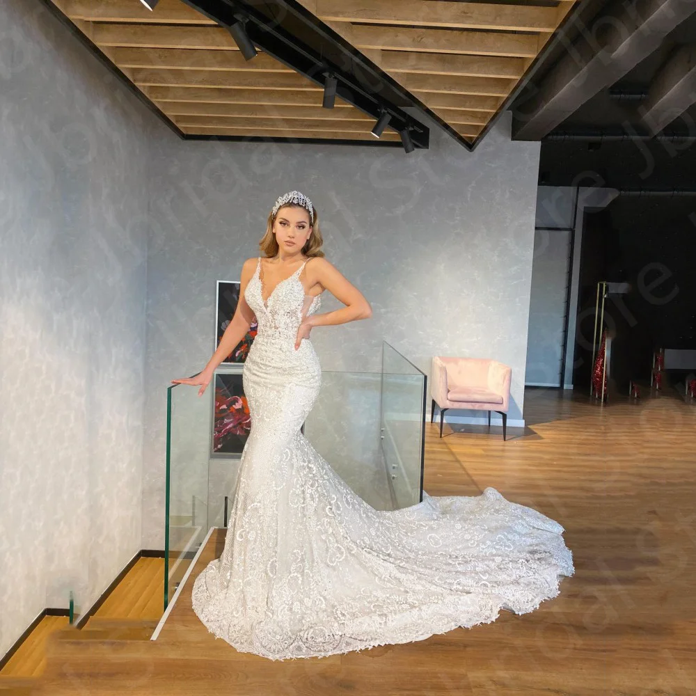 Elegant Ivory Mermaid Wedding Dresses Lace Sleeveless Bridal Gowns V Neckline Beading Bride Dresses Chapel Train On Sale 
Elegant Ivory Mermaid Wedding Dresses Lace Sleeveless Bridal Gowns V Neckline Beading Bride Dresses Chapel Train On Sale