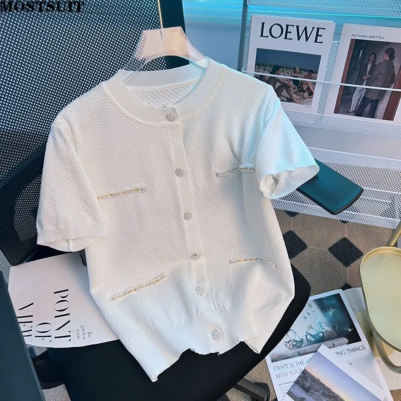 Summer Ice Silk Thin Knit Sweater Women Chic Short Sleeve Round Neck Buttons Pullover Tops Solid Elegant Loose Knitwear Jumper
Summer Ice Silk Thin Knit Sweater Women Chic Short Sleeve Round Neck Buttons Pullover Tops Solid Elegant Loose Knitwear Jumper