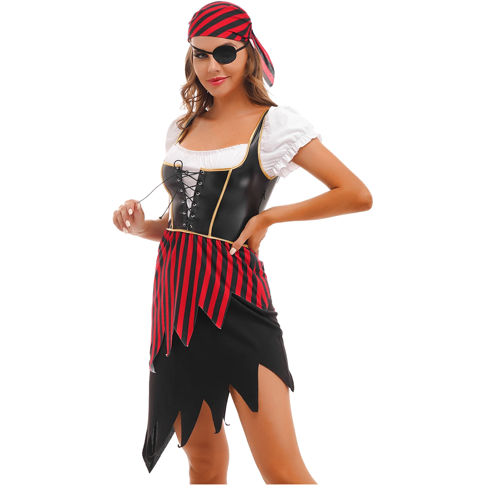 

Womens Pirate Role Play Costumes Carnival Halloween Outfits Jagged Hemline Dress Headscarf Eye Patch Theme Party Pirate Cosplay