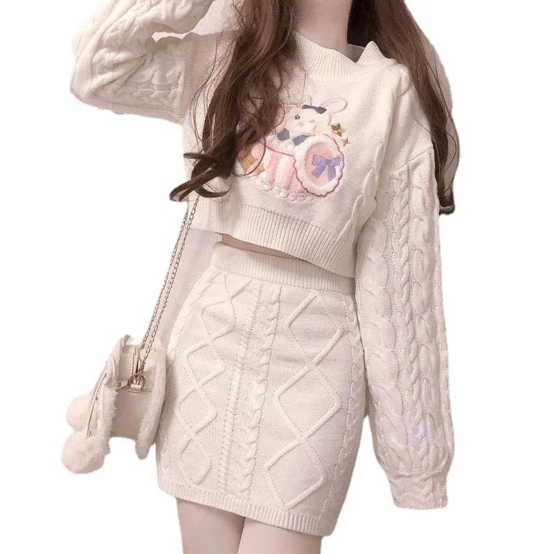 Sweet Women Sets Knitted O-Neck Full Sleeve Casual Crop Tops Kawaii Embroidery Sweaters Mini Knit Skirts Suit White Outfit Girls
Sweet Women Sets Knitted O-Neck Full Sleeve Casual Crop Tops Kawaii Embroidery Sweaters Mini Knit Skirts Suit White Outfit Girls
