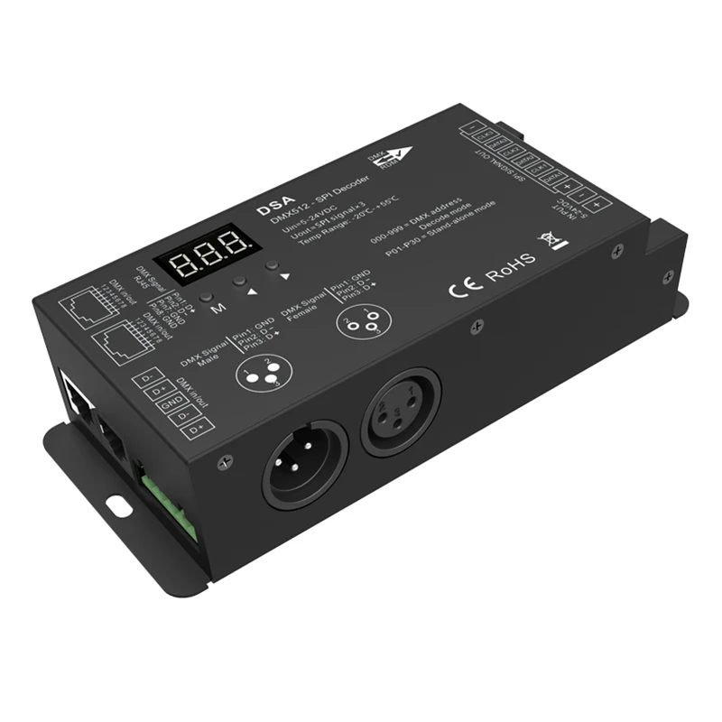 DSA DMX to SPI decoder DMX512-SPI decoder and RF SPI controller, 3 digital display Optional RF RGB/RGBW remote control 
DSA DMX to SPI decoder DMX512-SPI decoder and RF SPI controller, 3 digital display Optional RF RGB/RGBW remote control
