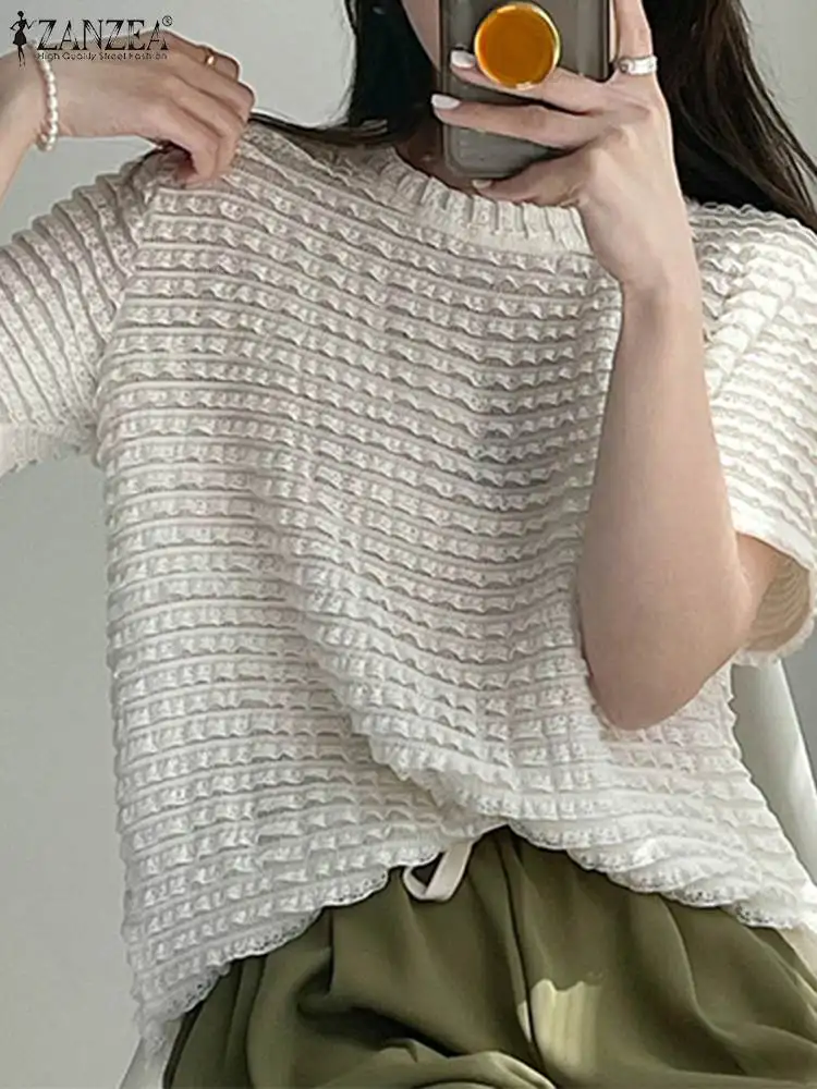 ZANZEA Fashion Short Sleeve Shirts Casual O Neck Camisas Oversized 2022 Summer Solid Pleated Tops Women's Elegant Knitted Blouse 
ZANZEA Fashion Short Sleeve Shirts Casual O Neck Camisas Oversized 2022 Summer Solid Pleated Tops Women's Elegant Knitted Blouse