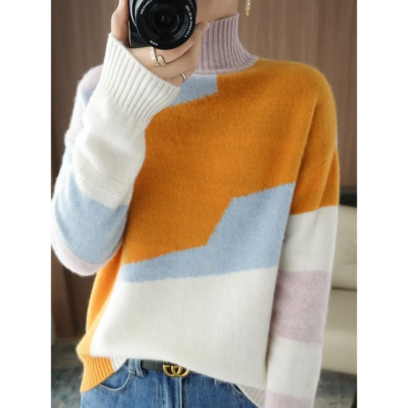 Winter Woman's Sweater Fashion Casual New Turtleneck Long Sleeve Patchwork Jumper 100% Wool Knitted Female Pullover Top Clot
Winter Woman's Sweater Fashion Casual New Turtleneck Long Sleeve Patchwork Jumper 100% Wool Knitted Female Pullover Top Clot