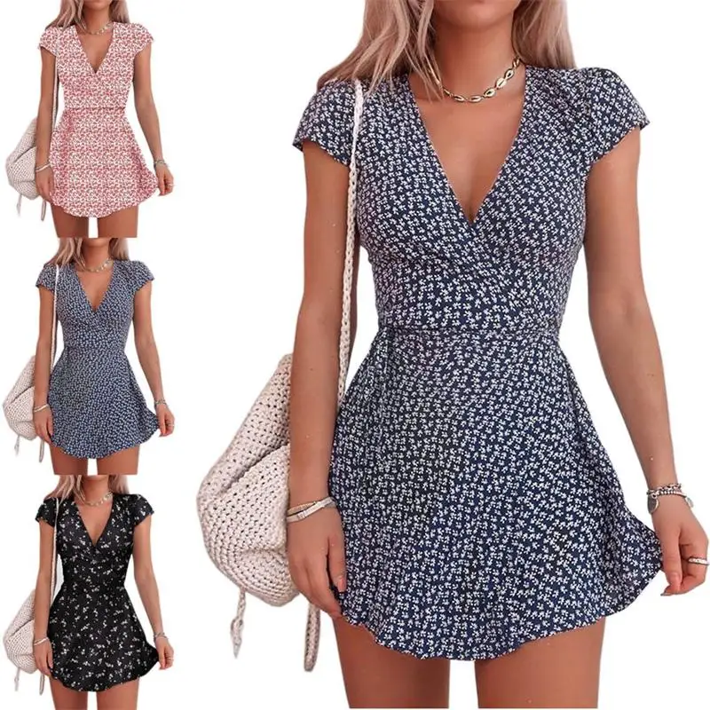 Summer Women's Floral Short Skirt New Short-sleeved Dress Sexy Robes Floral Dress Vestidos Elegantes Para Mujer Women Clothing
Summer Women's Floral Short Skirt New Short-sleeved Dress Sexy Robes Floral Dress Vestidos Elegantes Para Mujer Women Clothing