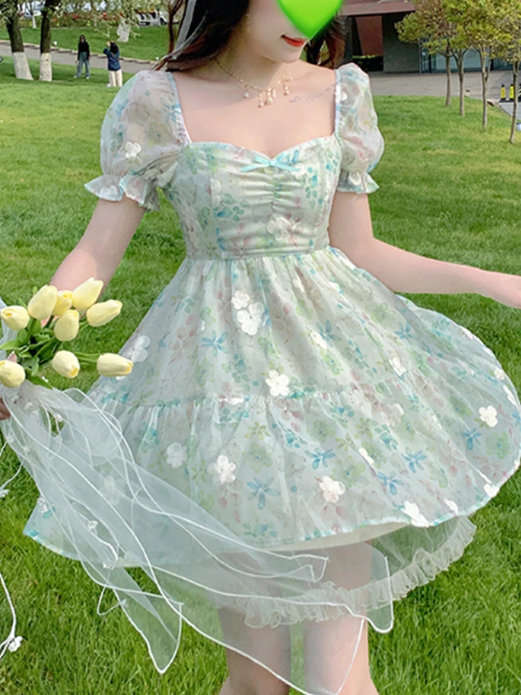 Floral Kawaii Sweet Party Mini Dress Women Print Green Korean Style Elegant Fairy Dress Casual France Vintage Dress Summer 2022
Floral Kawaii Sweet Party Mini Dress Women Print Green Korean Style Elegant Fairy Dress Casual France Vintage Dress Summer 2022