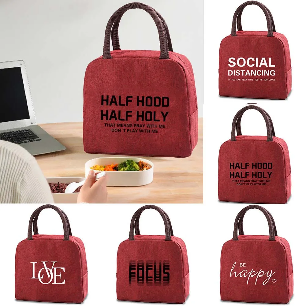 

Women Thermal Lunch Bags for Children Canvas Picnic Box Handbags Text Printed Cooler Bag Dinner Packed Food Insulated Organizer