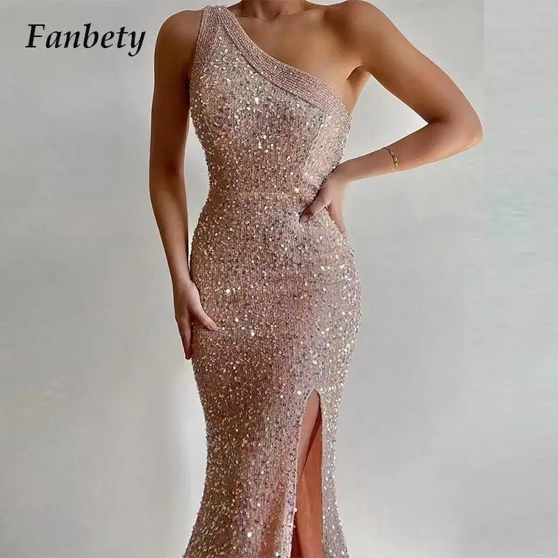 Women Sexy Sequins Banquet Temperament Dress Fashion Oblique Shoulder Evening Dress Ladies Elegant Slim Slit Maxi Dress Vestidos
Women Sexy Sequins Banquet Temperament Dress Fashion Oblique Shoulder Evening Dress Ladies Elegant Slim Slit Maxi Dress Vestidos