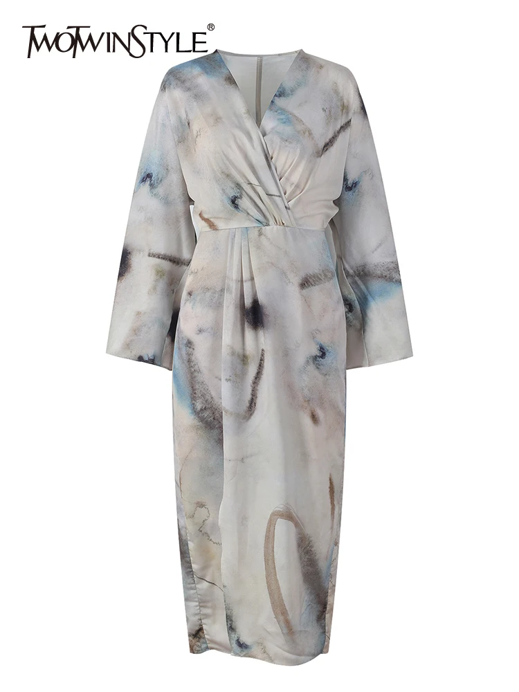 TWOTWINSTYLE Hit Color Temperament Dresses For Women V Neck Three Quarter Sleeve High Waist Folds Summer Dress Female Fashion
TWOTWINSTYLE Hit Color Temperament Dresses For Women V Neck Three Quarter Sleeve High Waist Folds Summer Dress Female Fashion