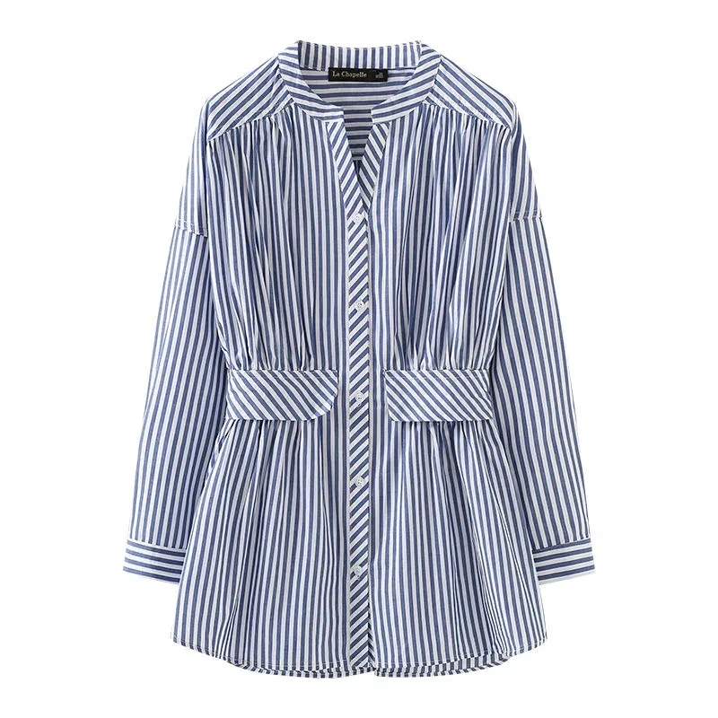 2023 New Spring And Autumn Temperament Blue And White Vertical Stripes Waist Shirt Female High Waist Waist V-Neck Simple Shirt
2023 New Spring And Autumn Temperament Blue And White Vertical Stripes Waist Shirt Female High Waist Waist V-Neck Simple Shirt